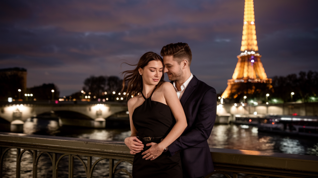 Romantic couple in Paris at night